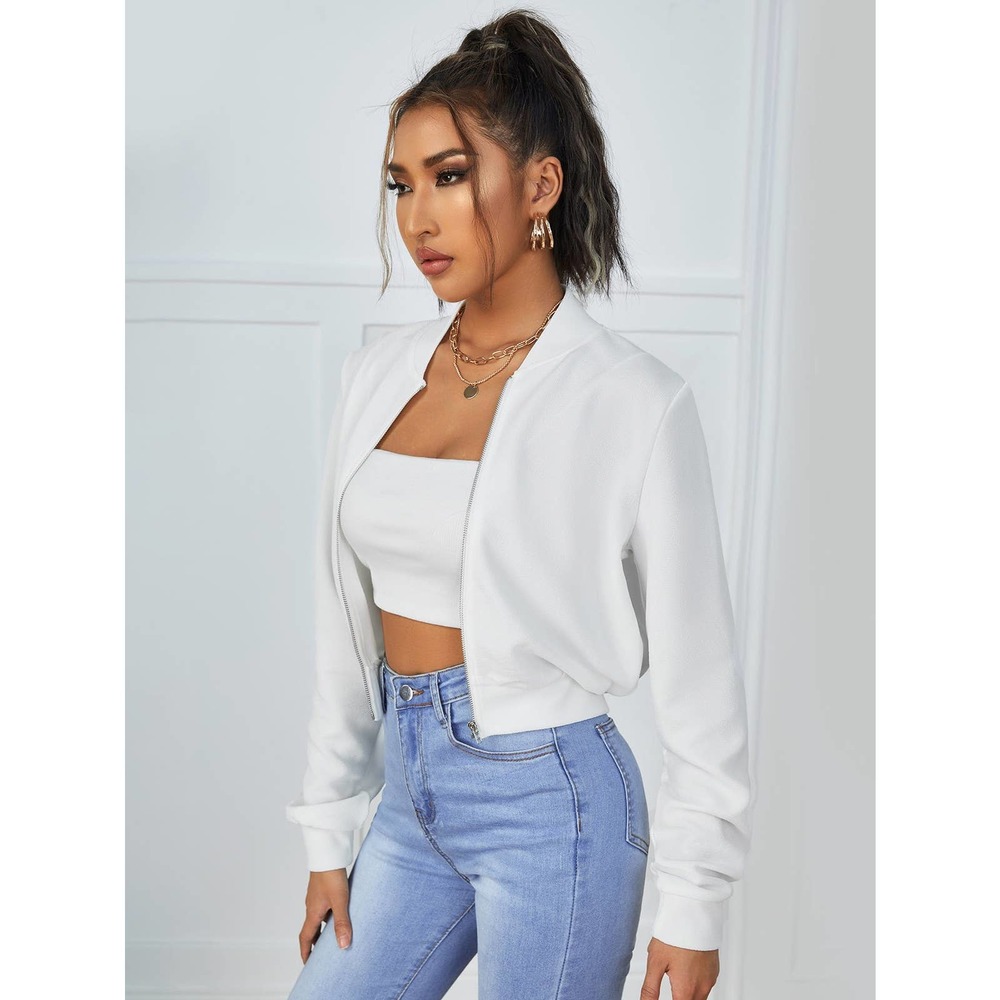 Zip Up Crop Bomber Jacket white 💙 - Picture 3 of 11